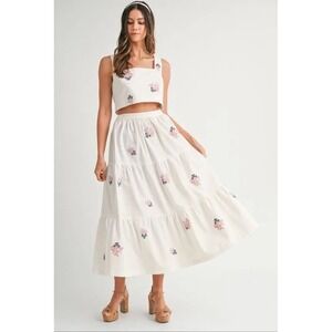 Mable Embroidered Crop Top & Tiered Midi Skirt Set White Floral Size Small NWT